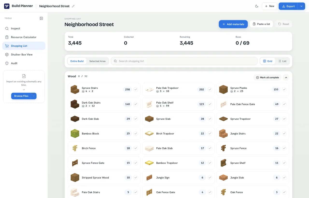 Build Planner: Shopping list